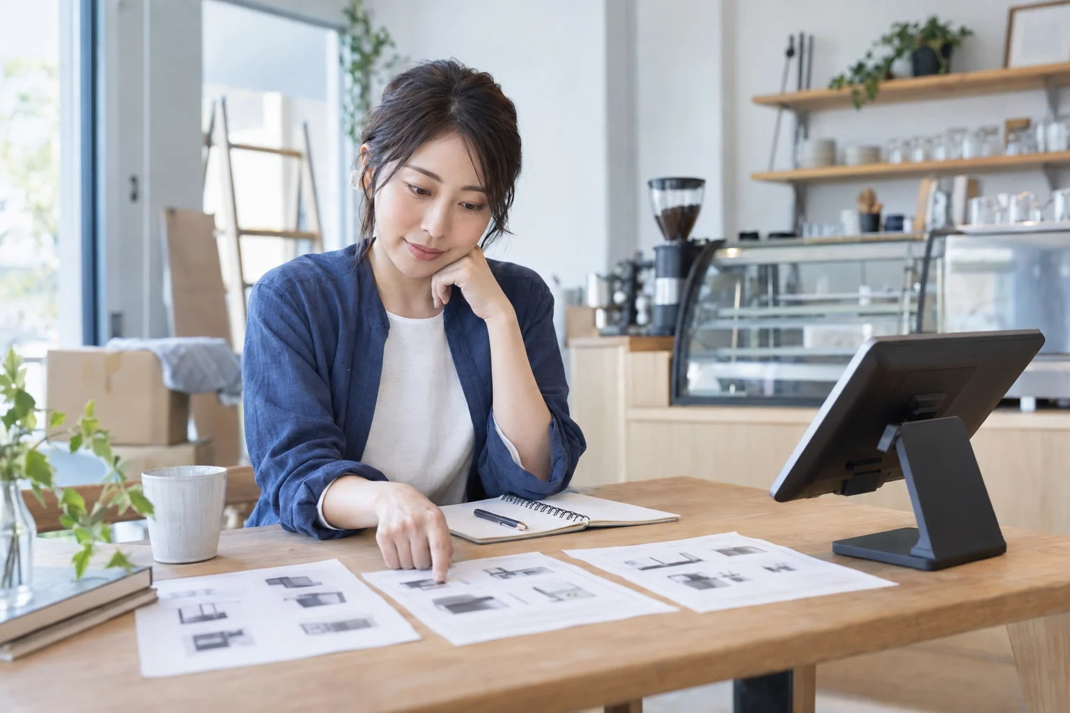 開業準備中にPOSレジの資料を確認するカフェ店主