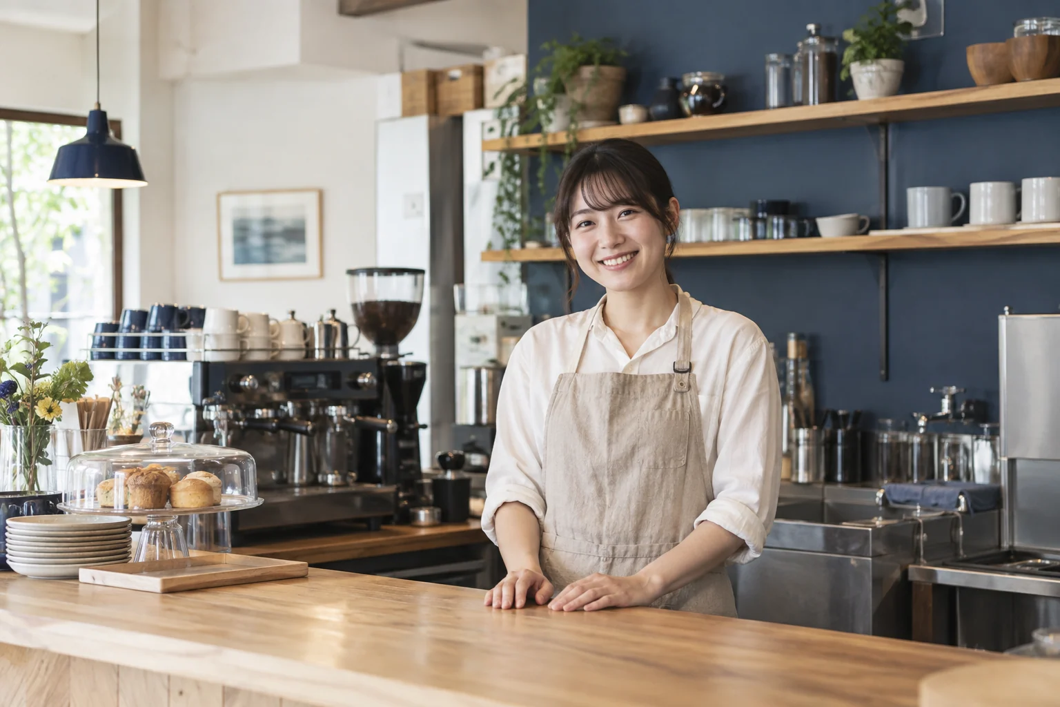 明るいカフェカウンターに立つ店員