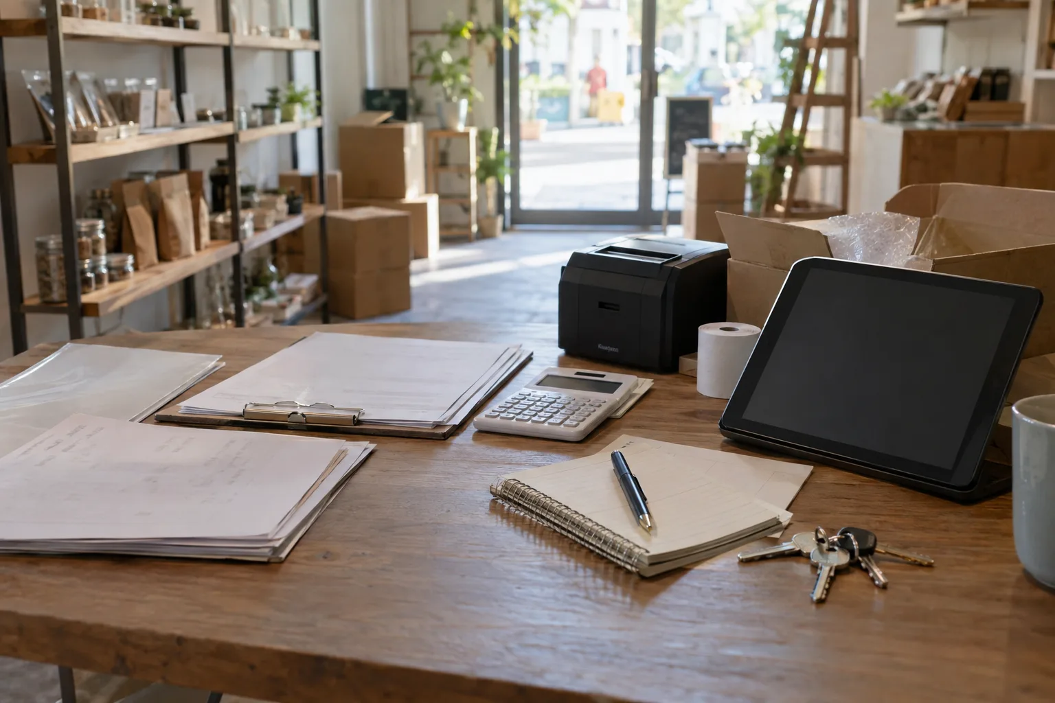 開業前の店舗で書類、鍵、レジ機器を並べて準備する机