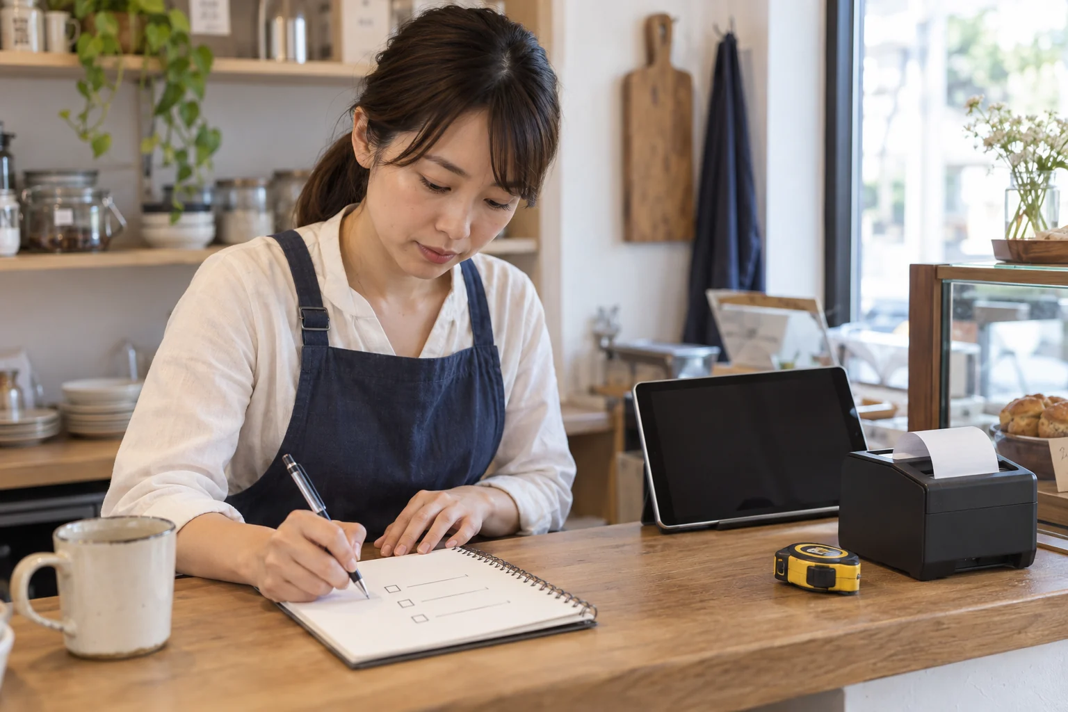 POSレジ導入条件をノートに整理する店主