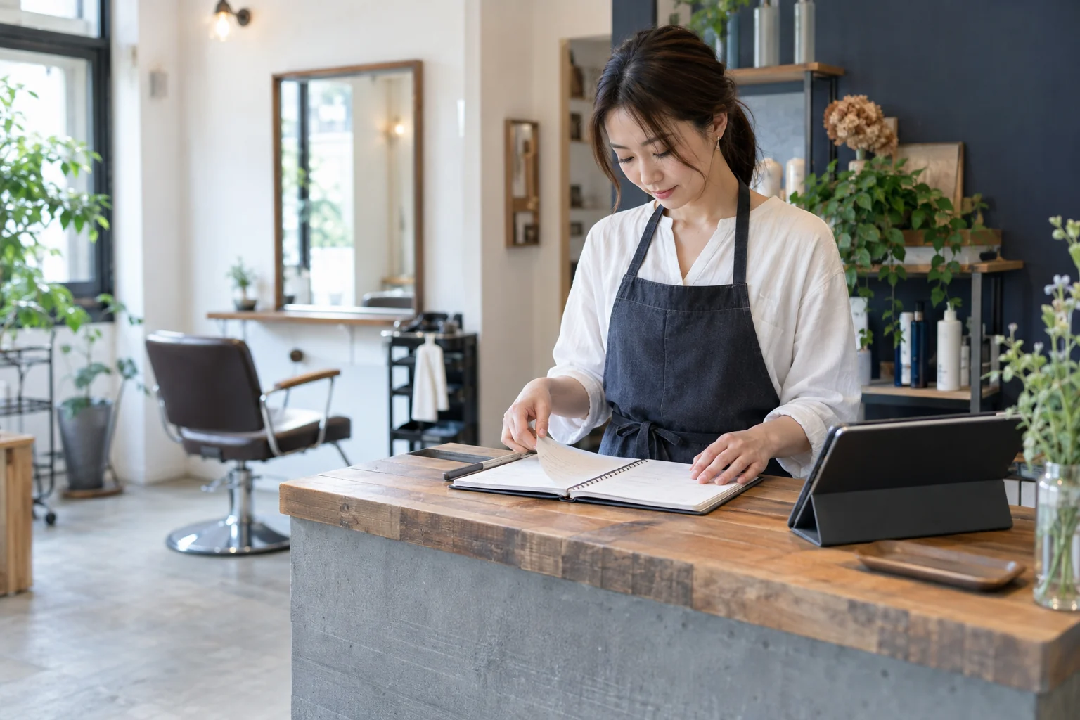 美容室の受付で予約ノートを確認する店主